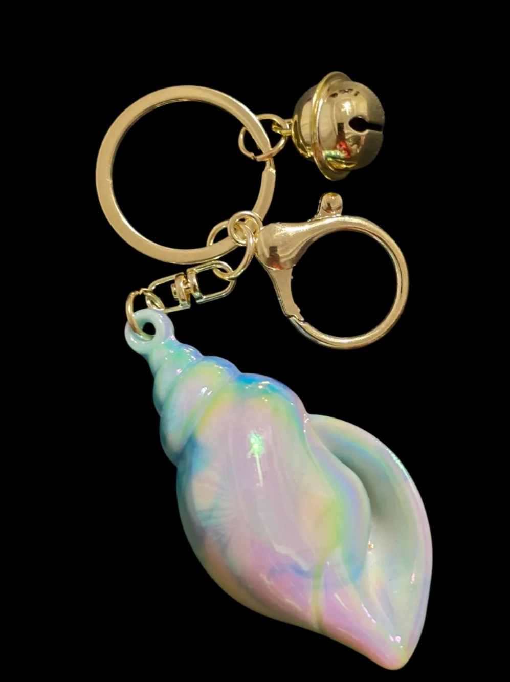 Iridescent Shell Bag Charm Keychain with Gold Accents